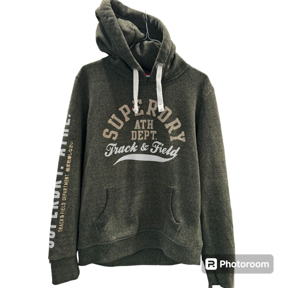 Superdry Track and Field Pullover Hoodie Army Green Metallic Print Warm Wear
